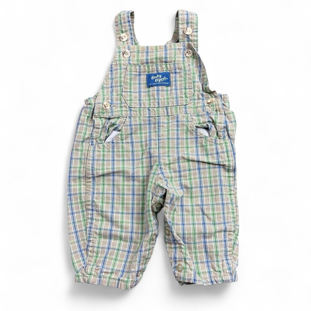 Vintage Oshkosh B'Gosh Overalls Baby 3-6 Months Beige Green‎ Plaid Vestbak